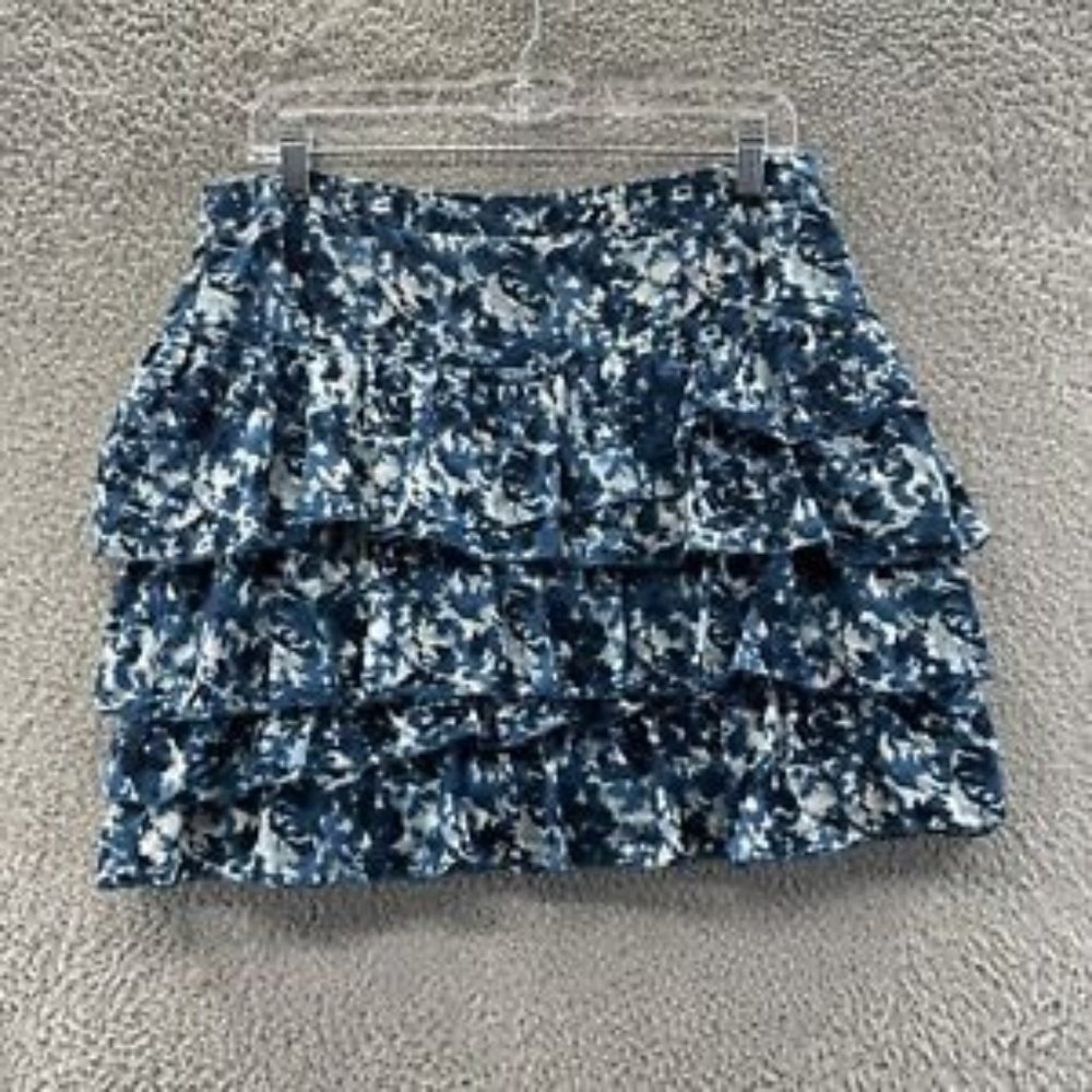 LOFT Skirt Women's Size 6 Blue & White Tie Dye Tiered Pleated Mini Skirt Size 6